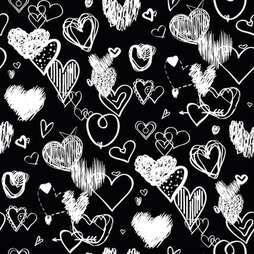 Hearts on black background. Abstract seamless wallpaper of the surface. Hand drawn love signs. Line art. Print for banners, posters, flyers and textiles