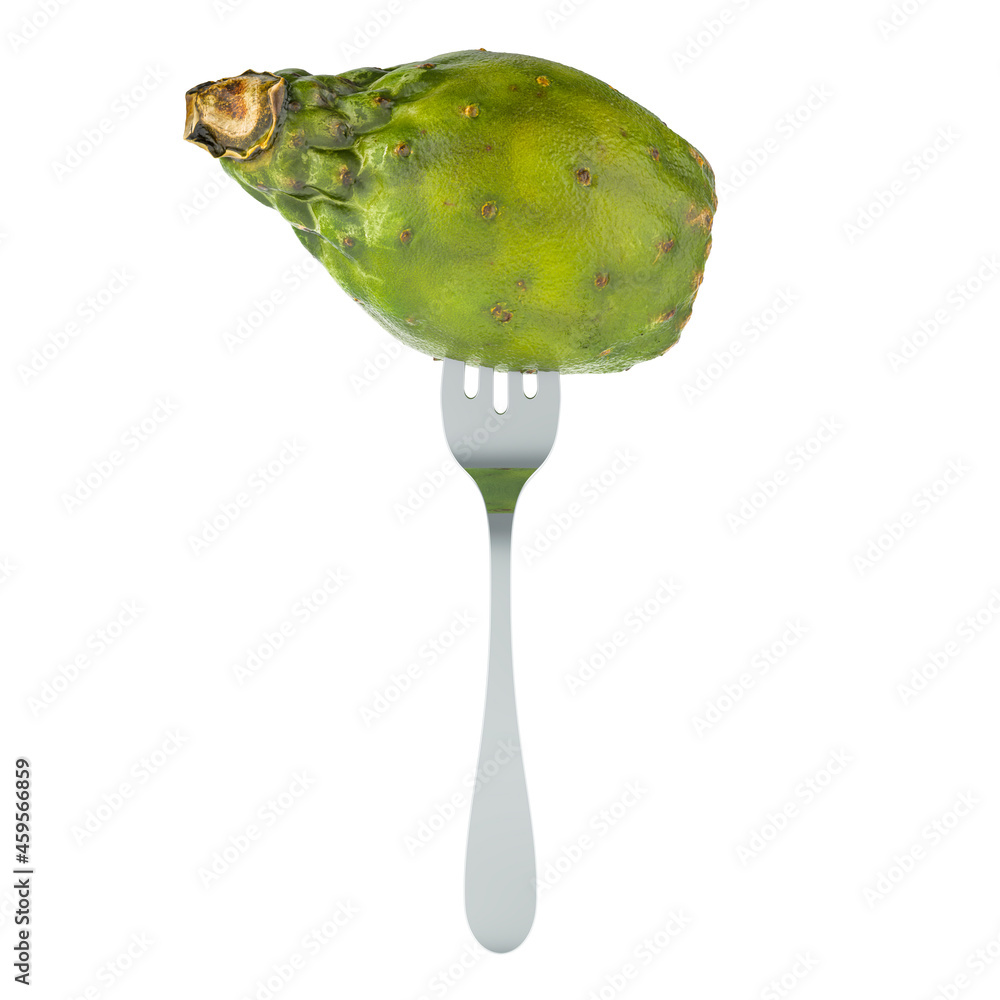 Poster cactus pear on fork, 3d rendering