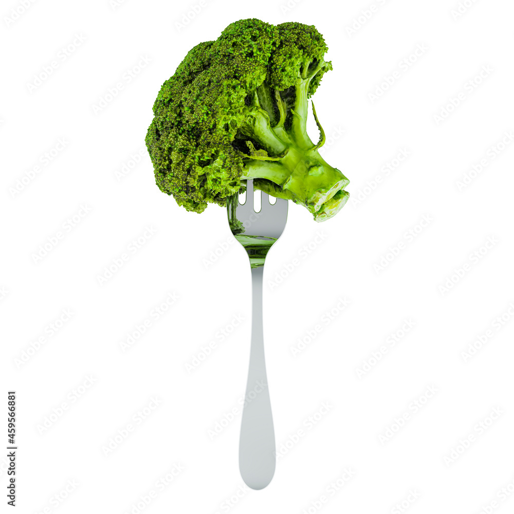 Poster fresh broccoli cabbage on fork, 3d rendering