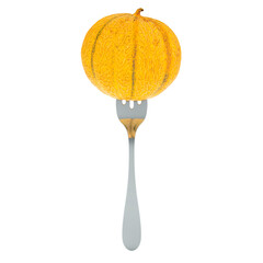 Charentais melon on fork, 3D rendering