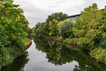 Fototapeta na wymiar Idyllic autumn scenery next to the Spree River in Berlin, Germany