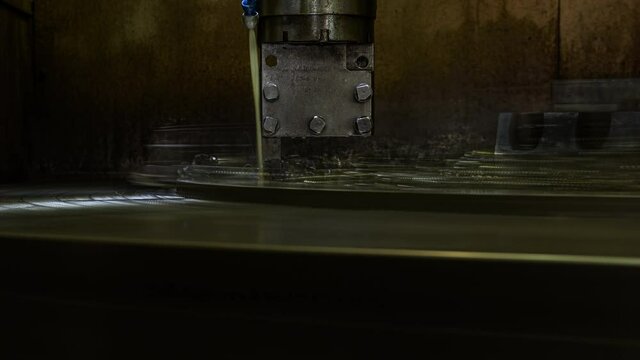 Skilled workers in uniforms and modern equipment making details for air compressors in spacious workshop footage change timelapse