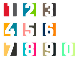 Logo numbers. Set of vector symbols for numeric logotypes: 1, 2, 3, 4, 5, 6, 7, 8, 9 and 0. Two-color emblems for the design of firms and companies with a number in the name. Different color options.
