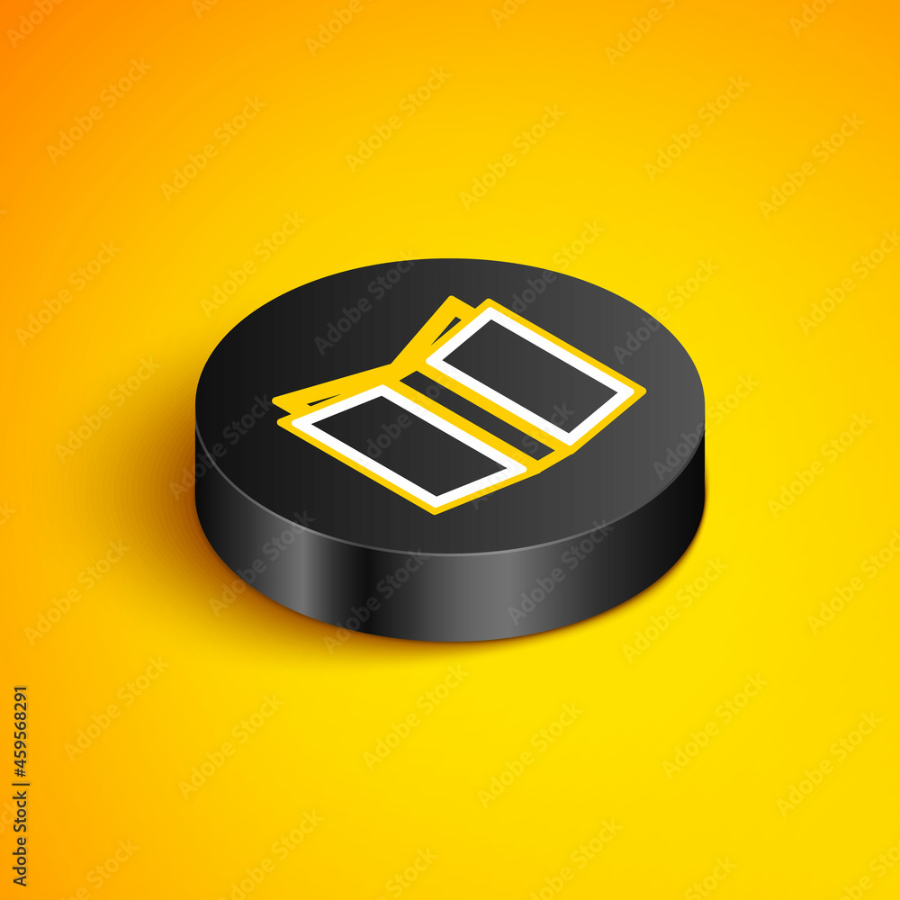 Poster isometric line open book icon isolated on yellow background. black circle button. vector