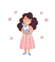 Happy mother with newborn baby. Greeting card and poster. Vector illustration