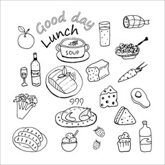 Set of vector drawings of lunch products. Food illustrations: fish, chicken, pasta, apple, broccoli, cheese, carrot, avocado, muffin, sausages, bread, ice cream, strawberry, wine, water