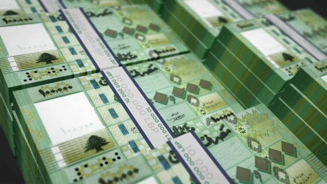 Lebanon pound money pack loop 3d animation. Loopable seamless concept of finance, cash, economy, business and bank. Camera moving over the LBP banknote bundle stacks.