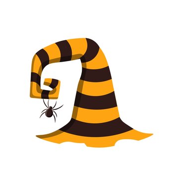 Halloween striped hat with spider on a wite background. Vector illustration