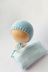 blue knit hat and diaper for the baby. blue fabric knitwear