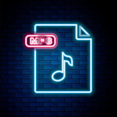 Obraz premium Glowing neon line MP3 file document. Download mp3 button icon isolated on brick wall background. Mp3 music format sign. MP3 file symbol. Colorful outline concept. Vector