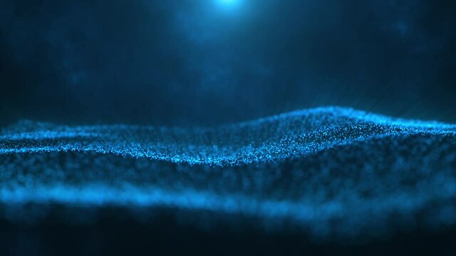 Abstract blue technology background with a flowing digital light wave of glowing blue data particles. Modern tech motion background animation with shallow depth of field and bokeh effect.