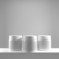 white jars with label design and 3d background 