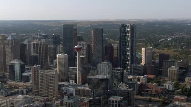 Aerial view of high rise office buildings in downtown Calgary, Alberta, Canada.