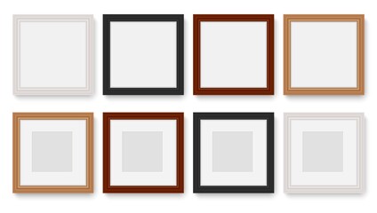 Photo frames. Realistic empty different picture frame mockup hanging on wall, isolated 3d objects, wooden and plastic square, white natural brown and black elements. Vector isolated set