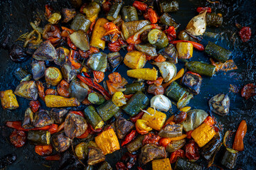 légumes méditerranéens cuits sur une plaque