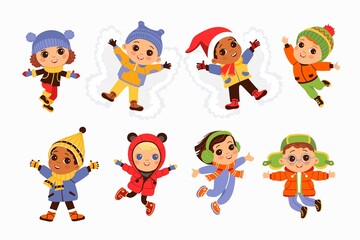 Kids jump in winter clothes. Children playing in snow. Outdoor activity. Boys and girls in Xmas and New Year holidays. People wear warm clothing and lying in snowdrifts. Vector babies set