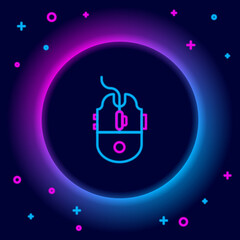 Glowing neon line Computer mouse gaming icon isolated on black background. Optical with wheel symbol. Colorful outline concept. Vector