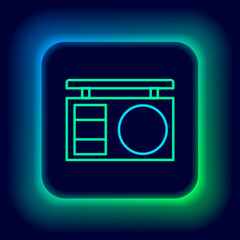 Glowing neon line Eye shadow palette with brush icon isolated on black background. Colorful outline concept. Vector