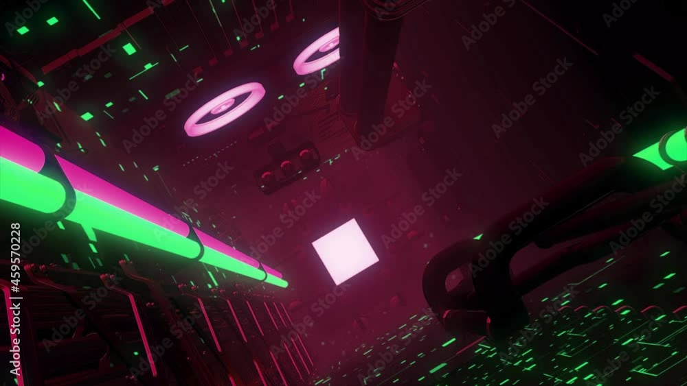 Poster animation of clean futuristic alien sci fi fantasy with many light buttons. motion. abstract digital