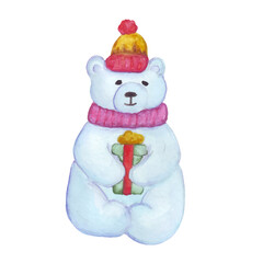 Christmas white bear. Watercolor teddy bear sits with a New Year's gift in a hat. Beautiful vector winter illustration. Winter print with polar bear will perfectly decorate your clothes, postcard, ban