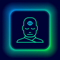 Glowing neon line Man with third eye icon isolated on black background. The concept of meditation, vision of energy, aura. Colorful outline concept. Vector