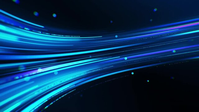 Technology background with abstract digital flow. Colorful light trails animation with bright particles. Cyber space texture with colorful energy stream motion. Seamless loop.