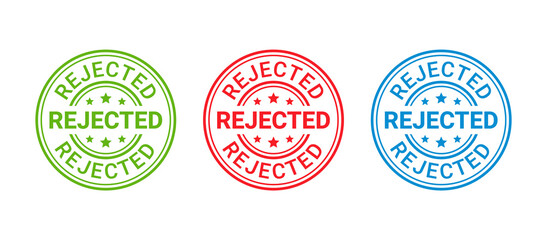 Rejected rubber stamp. Round sticker reject. Denied permit badge, label. Negative decision mark. Red, blue, green seal imprint. Retro circular emblem isolated on white background. Vector illustration.
