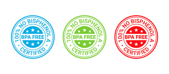 BPA free stamp. No bisphenol icon. Non toxic plastic round badge, label. Certified seal imprint for eco package. Retro emblem. Vector illustration. Waste marks isolated on white background