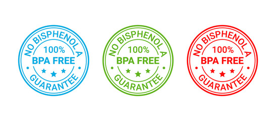 Fototapeta premium BPA free stamp. No bisphenol icon, badge. Non toxic plastic round label. Certified seal imprint for eco package. Waste marks isolated on white background. Vector illustration. Retro emblem.