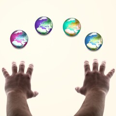 Creative art collage. human hands holding four colored images of our planet