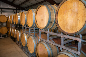 Oak barrel in a vineyard in Niagara, Ontario, Canada