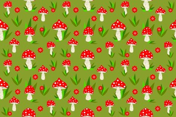 Amanita, large and small mushrooms, plants, leaves, autumn bright repeating pattern on a green background for print and design