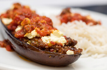 stuffed aubergine with tomatoes and rice 