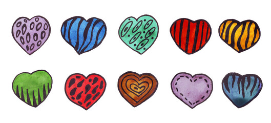 Watercolor hearts. Hearts with a black outline drawn by hands. Trendy beautiful elements for design. Design for valentine's day.