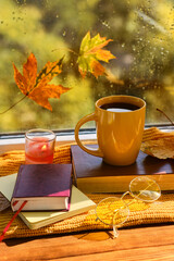 Naklejka na ściany i meble book with glasses, cup of coffee, autumn leaves, wool sweater