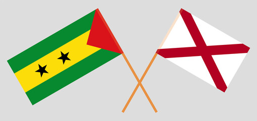 Crossed flags of Sao Tome and Principe and The State of Alabama. Official colors. Correct proportion