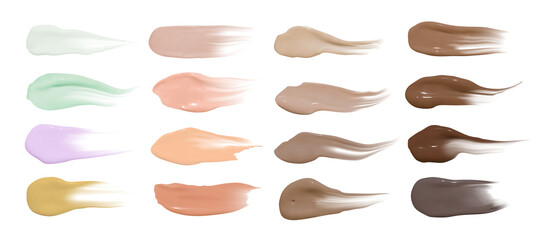 Foundation smears. Makeup concealer base. Isolated paint swatch. Liquid brown background. Foundation cream isolated on white. Face care product. Cosmetic vector powder. Foundation smudges.
