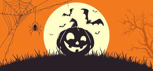 Orange Halloween Banner with Happy Pumpkin