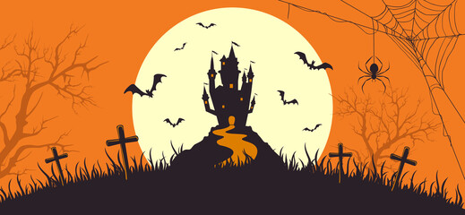 Orange Halloween Banner Scary Castle and Bats