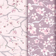 Watercolor sakura flower. Spring vintage ornament. Set of pink romantic paintings. Seamless sakura blossom. Vector cherry wallpaper. Chinese apple background. Japanese sakura pattern.