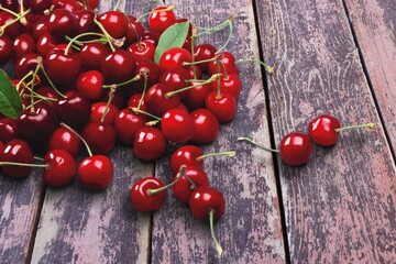 Fresh ripe red cherries fruit on the desk