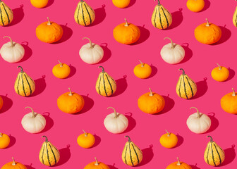 Halloween pattern - colorful pumpkins of different shapes on the pink background