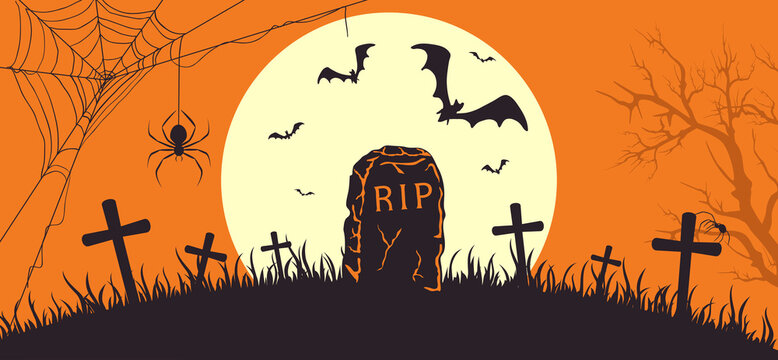 Orange Halloween Banner with Tombstone