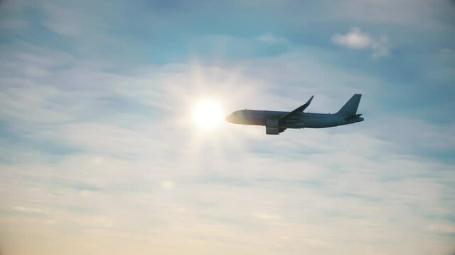 Aerial view of an airplane passing by the sun. Silhouette view of a plane flying in front of the sun gaining altitude. Animation of jet departure flying away in the sky.