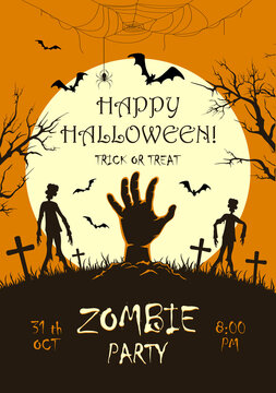 Zombie Party on Orange Halloween Background with Hand