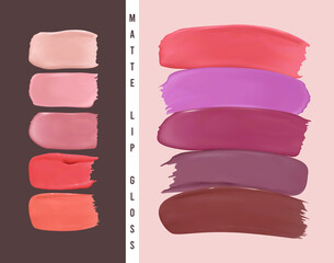 Lipstick samples. Abstract design with color nail splashes. Lipstick smear illustration. Vector cosmetic texture. Color make up background. Red realistic brush strokes. Lipstick stains set.