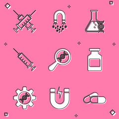 Set Crossed syringe, Magnet with money, DNA research, search, Syringe, and Medicine bottle icon. Vector