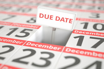 DUE DATE sign on December 16 in a calendar, 3d rendering
