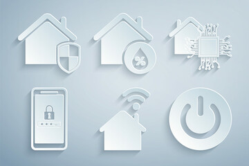 Set Smart home with wi-fi, Mobile and password protection, Power button, House humidity and under icon. Vector