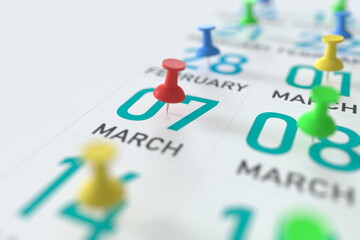 March 7 date marked with a pin calendar, 3D rendering